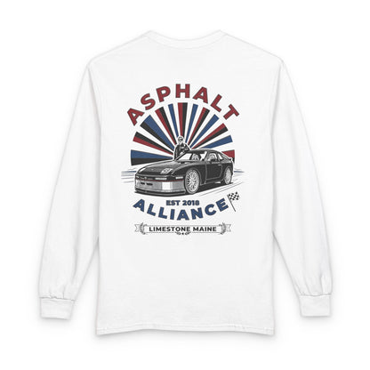 Asphalt Alliance Car Club Long Sleeve Tee — Retro Racing Graphic, "Asphalt Alliance" Chest & Back Print